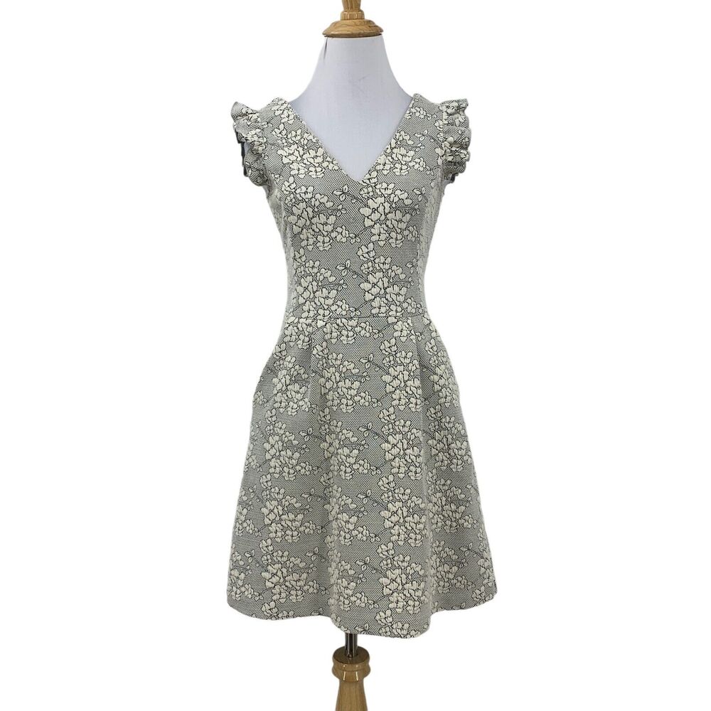 Tabitha Anthropologie V Neck Floral Dress Womens 0 Ruffle Cap Sleeves Back Zip